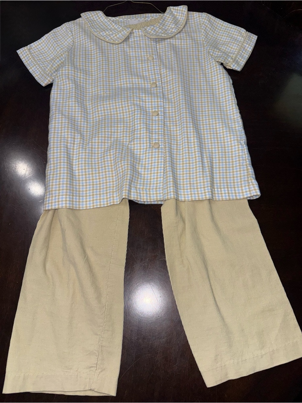 Castle and Crowns khaki corduroy pants with matching blue and khaki gingham top
